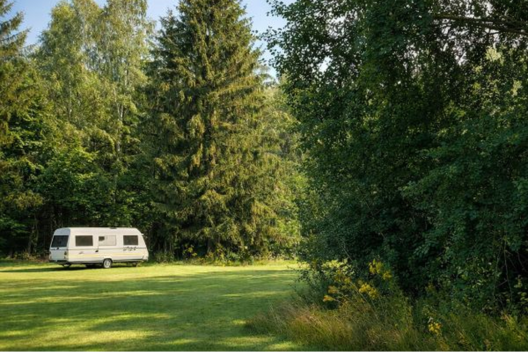 Campingplatz Maiburg - Caravan auf Wiese umgeben von Bäumen