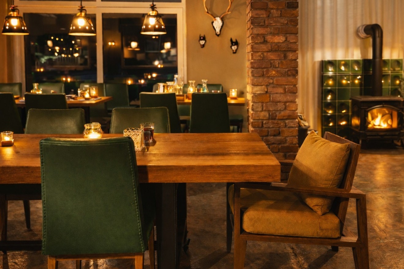 Campingplatz Maiburg - Restaurant mit Kamin und gemütlicher Einrichtung