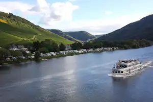 Campingplatz am Fluss mit Wohnmobilen, Bäumen und einem Ausflugsschiff, das am Ufer vorbeifährt.