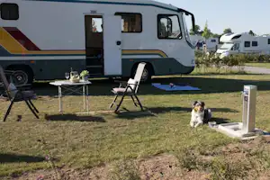 Wohnmobil auf dem Stellplatz, daneben Tisch und Campingstühle, ein Hund liegt auf einer Decke im Gras.
