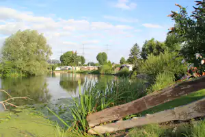 Seeufer mit Schilf und Holzplanken, im Hintergrund Wohnwagen und kleine Gebäude am Campingplatz.
