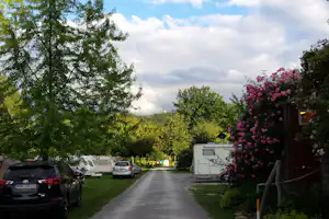 Campingplatz mit Wohnmobilen und Autos am Weg, umgeben von Bäumen und pinken Blüten am Gebäude.