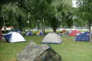 Zeltcamp auf einer grünen Wiese unter hohen Bäumen, mehrere Zelte und ein See mit Ufer im Hintergrund.