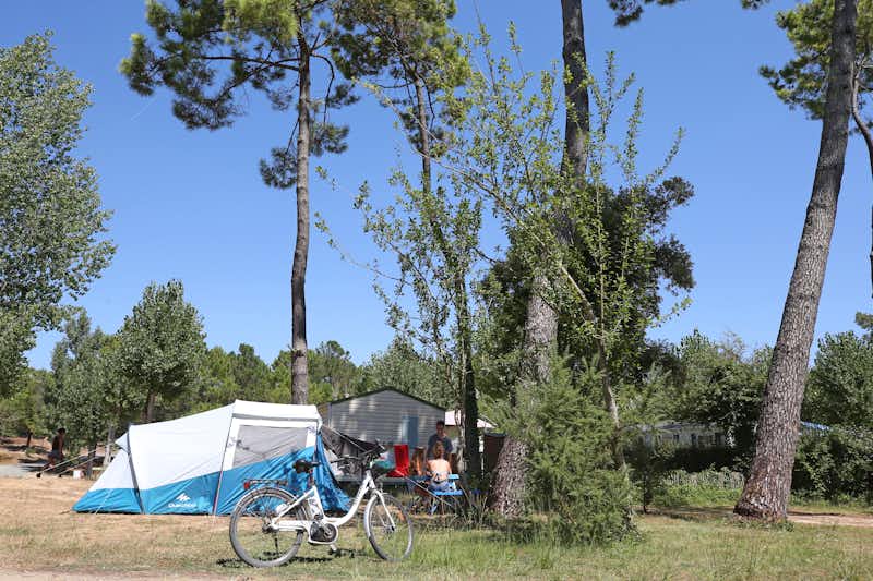 Campéole Les Sirenes  -  Camper am Zelt vom Campingplatz zwischen Bäumen