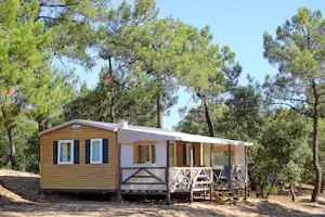 Mobilheim im Wald mit Holzfassade, Terrasse und Markise, umgeben von Kiefern und grünem Unterholz.