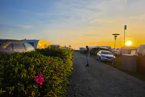 Campingplatz am Abend: Zelte und Wohnwagen stehen am Weg, im Hintergrund Autos und eine Person vor dem Sonnenuntergang.
