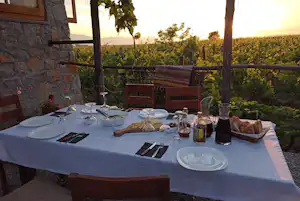 Festlich gedeckter Tisch auf der Camping-Terrasse mit Holzstühlen, Steingartenmauer und Blick in den Garten bei Sonnenuntergang.