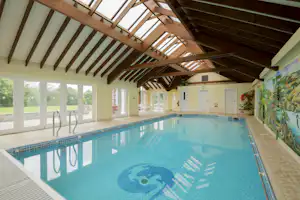 Überdachter Innenpool mit Holzdecke und großen Fenstern, Liegefläche am Beckenrand im Campinghaus.