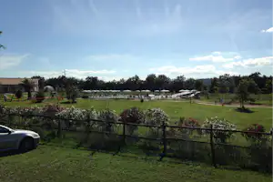 Grüne Campingwiese mit Zaun, mehreren Wohnwagen in der Ferne und Bäumen am Rand, unter klarem Himmel.
