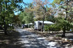 Wohnwagen auf einem Campingplatz im Grünen, umgeben von Bäumen, mit Stellplatzweg und weiteren Fahrzeugen im Hintergrund.