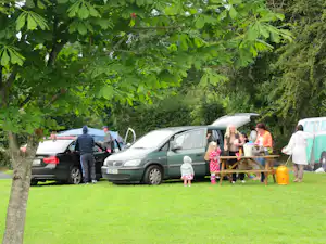 Campingplatz mit grünem Rasen, mehreren Autos und einem Zelt unter Bäumen, daneben ein Tisch mit Sitzgelegenheiten.