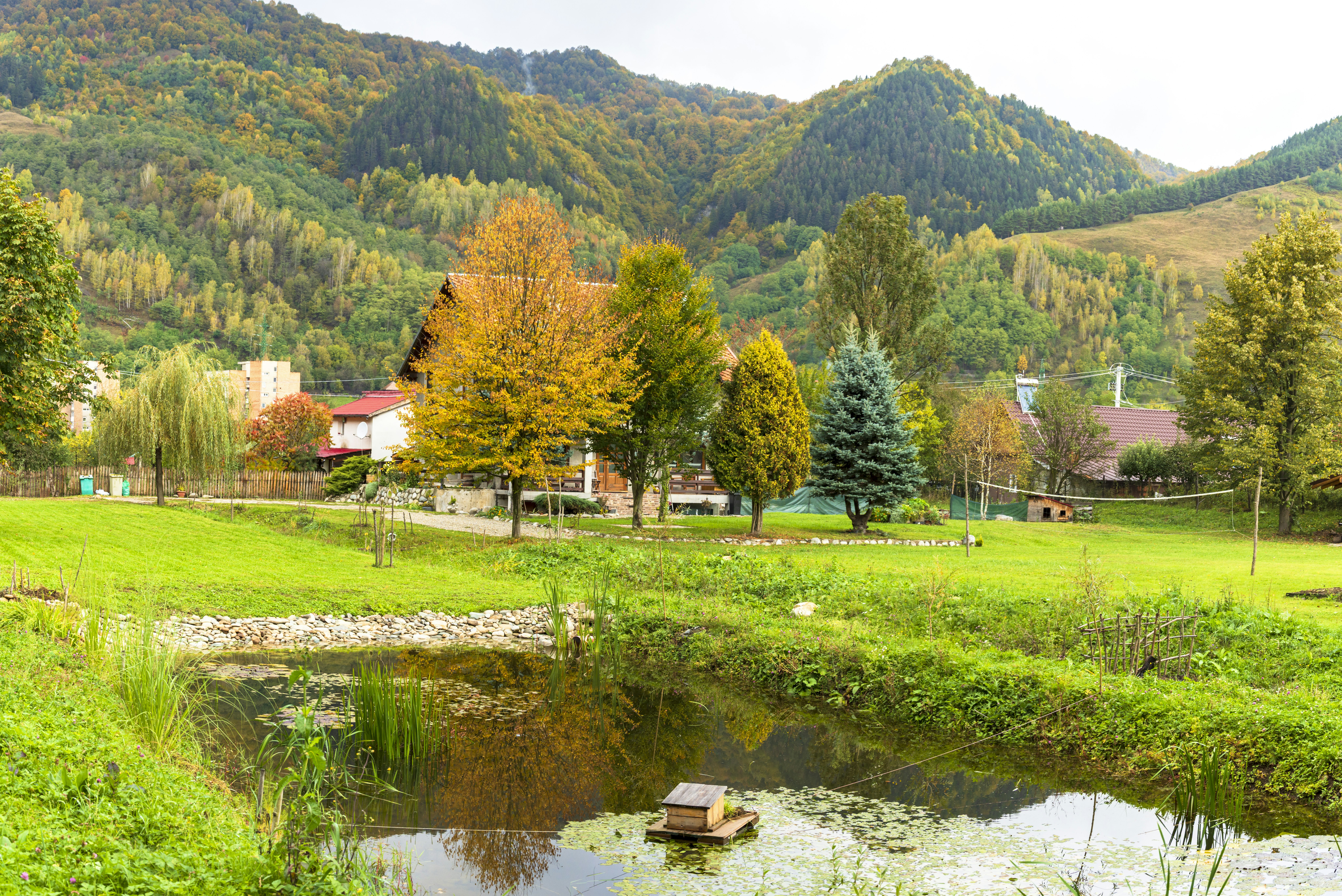 Campingwiese mit kleinem Teich, Bäumen und Wohnwagen, im Hintergrund grüne Berge und Häuser im Tal.