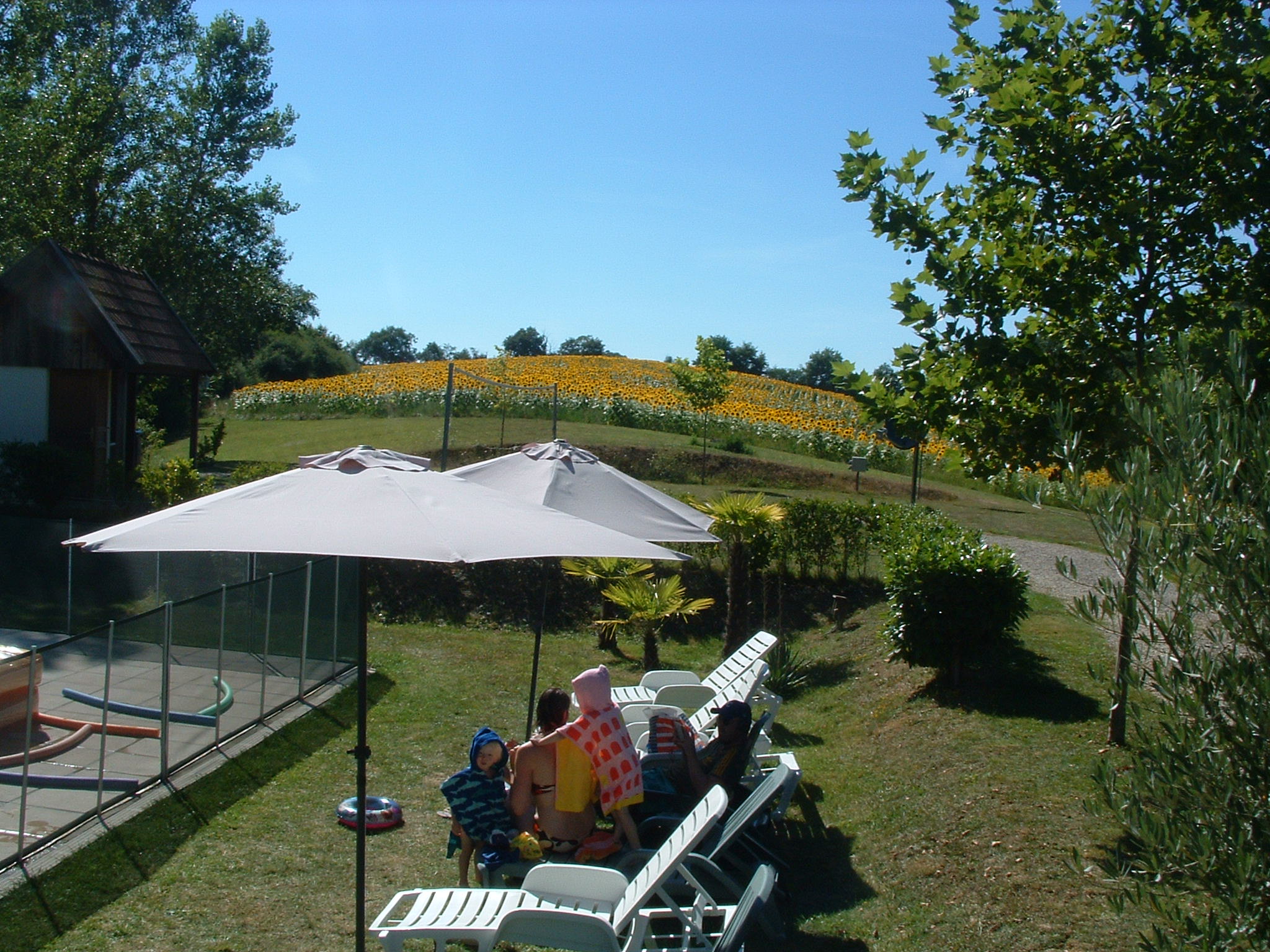 Großes Campingzelt mit Glasgeländer, daneben Gartenstühle und Tisch auf dem Stellplatz, im Hintergrund Wiese und Bäume.