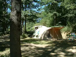 Zelt auf einem Campingplatz im Wald, mit Picknicktisch und Schatten von Bäumen im Hintergrund.