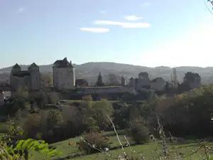 Blick auf ein Dorf im grünen Tal mit Häusern, Bäumen und Hügeln in der Ferne.