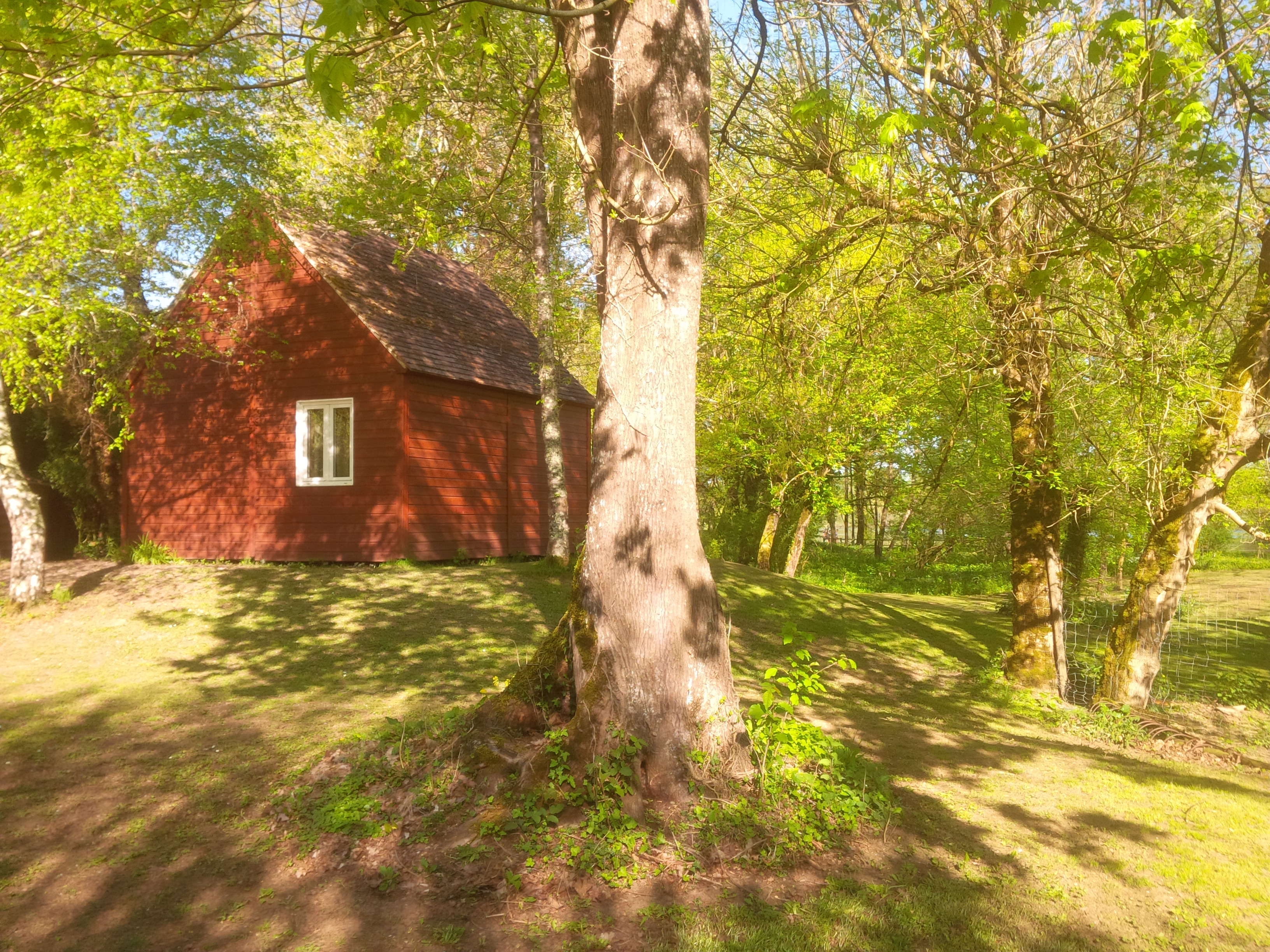 Rotes Holzhaus im Grünen mit Rasenfläche, Weg und Bäumen im Vordergrund.