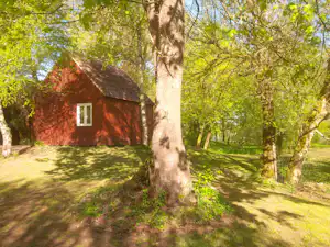 Rotes Holzhaus im Grünen mit Rasenfläche, Weg und Bäumen im Vordergrund.