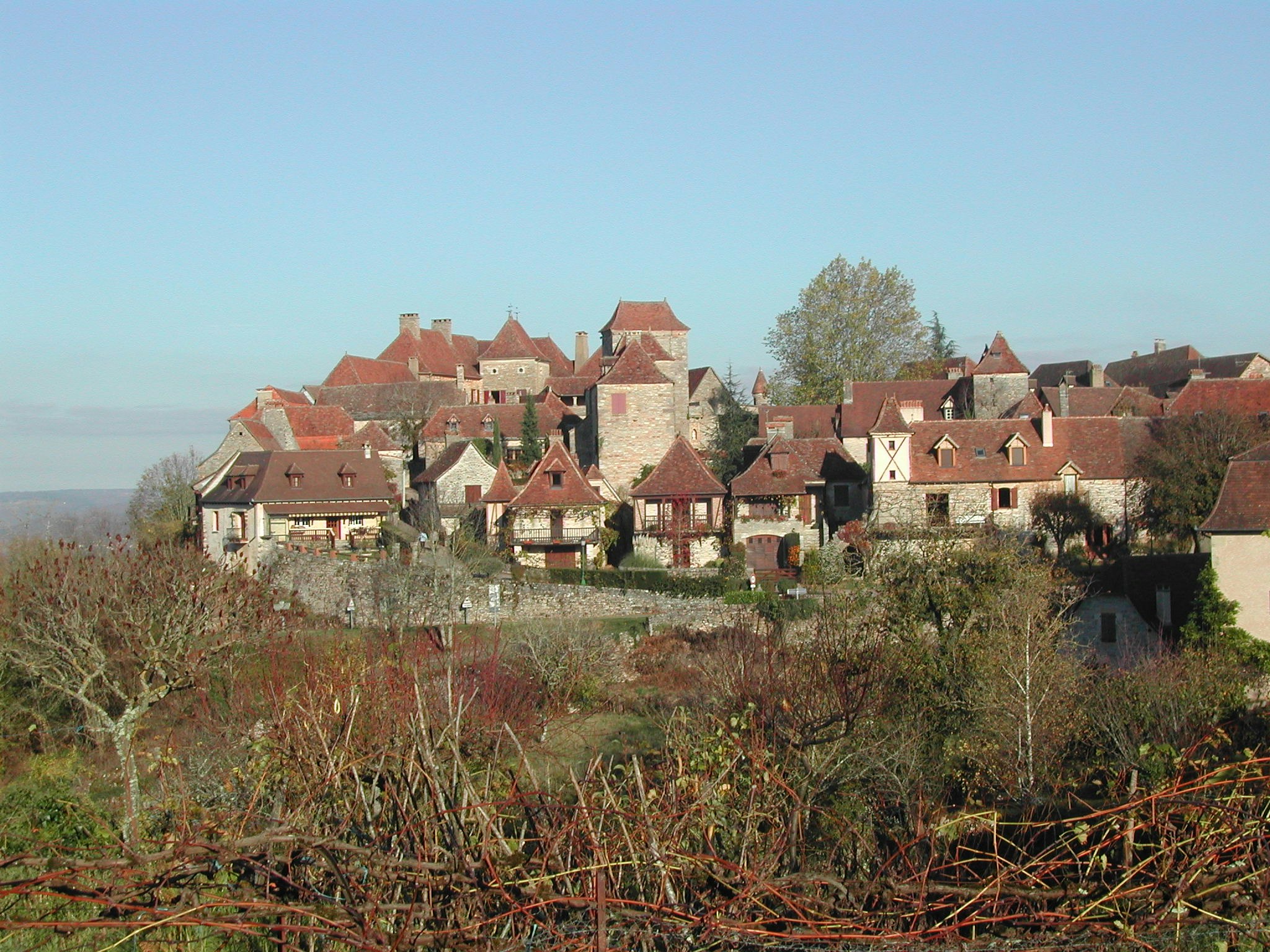 Blick auf ein Dorf mit roten Ziegeldächern und Fachwerkhäusern, umgeben von Büschen und Bäumen in der Landschaft.