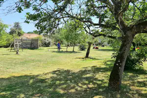 Grüne Campingwiese mit großen Bäumen, Holzzaun, Gartenhaus im Hintergrund und einem Rasenmäher auf dem Gelände.
