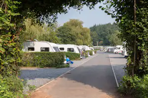Campingplatz-Gasse mit Wohnwagen und Wohnmobilen, Hecken und Bäumen am Rand, Asphaltweg zwischen den Stellplätzen.