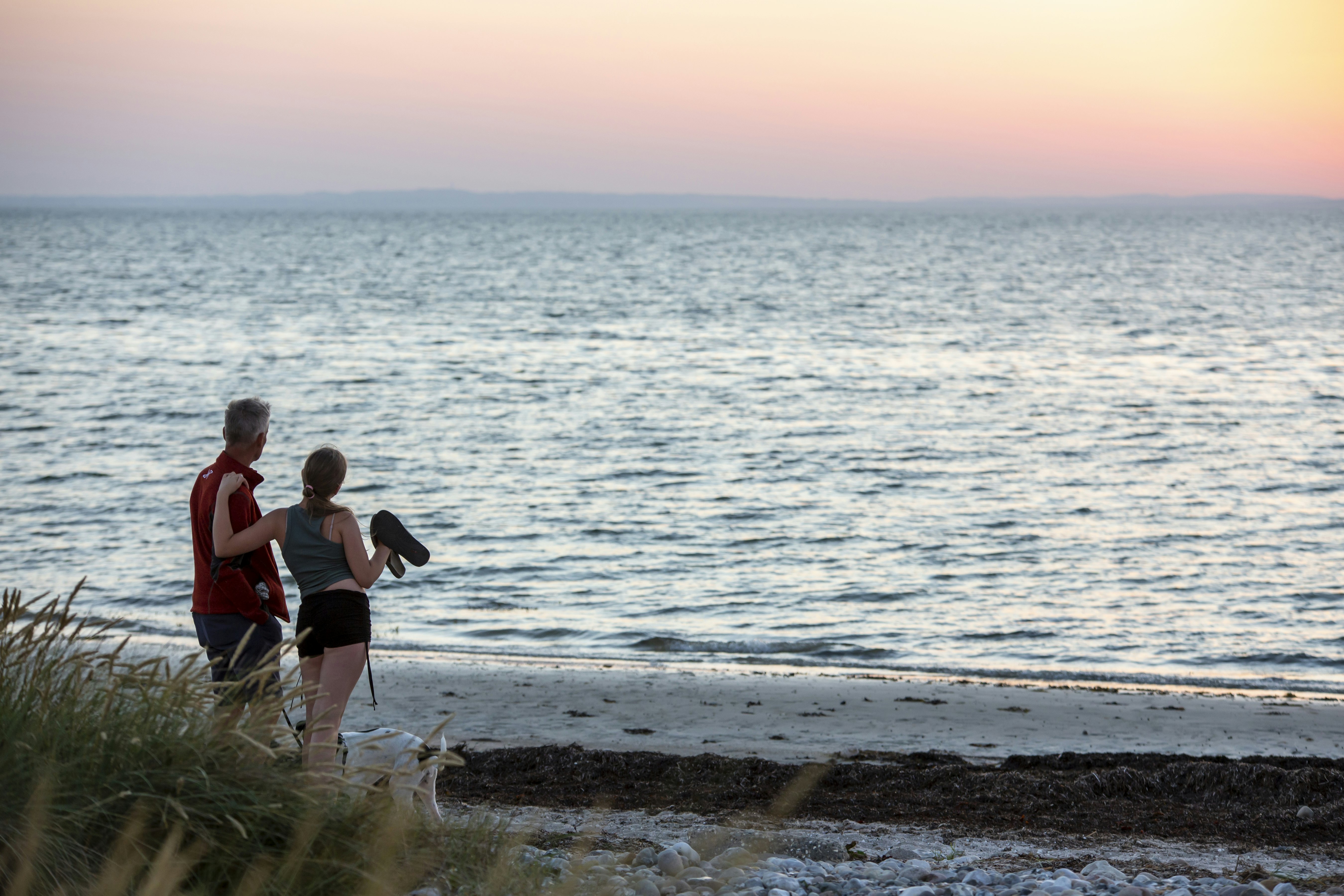 Zwei Personen gehen am Strand entlang, im Vordergrund Gras und Steine, dahinter das Meer und die Küste.