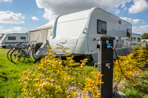 Wohnwagen auf dem Campingplatz mit Stromanschluss und Kabel, im Vordergrund gelbe Sträucher und grünes Gras.