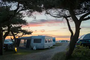 Wohnwagen und Zelte am Campingplatz zwischen Bäumen, im Hintergrund Gebäude und Fahrzeuge bei Sonnenuntergang.