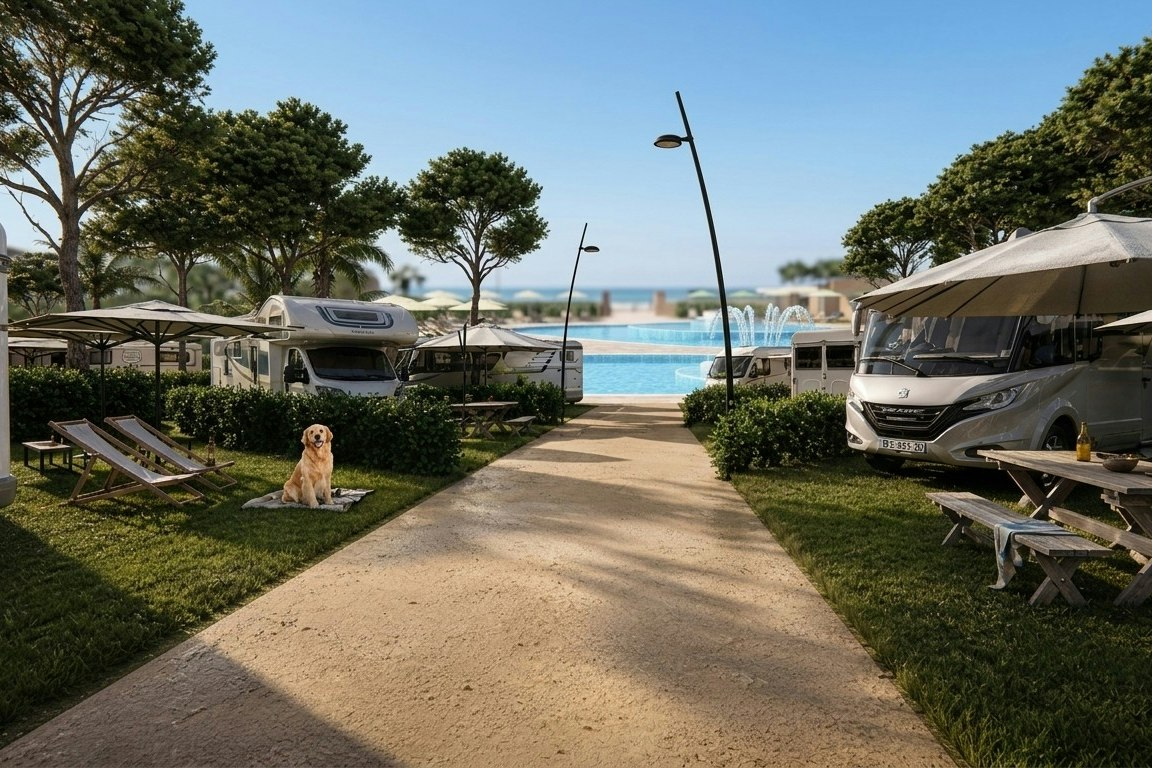 Wohnmobil und Wohnwagen auf einem Campingplatz, gepflasterter Weg zwischen Stellplätzen, Zelte und Bäume, Blick auf das Meer.