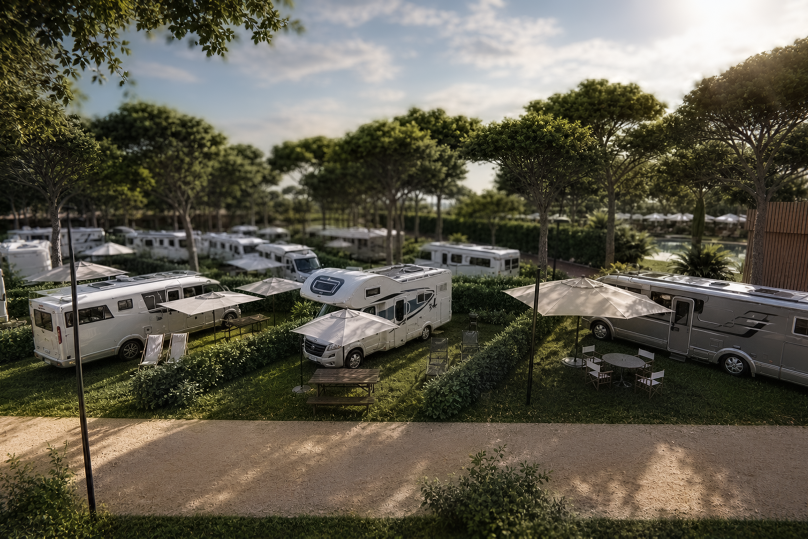 Wohnmobile auf einem Campingplatz-Stellplatz, gepflasterter Weg und Rasenflächen mit Bäumen im Hintergrund.