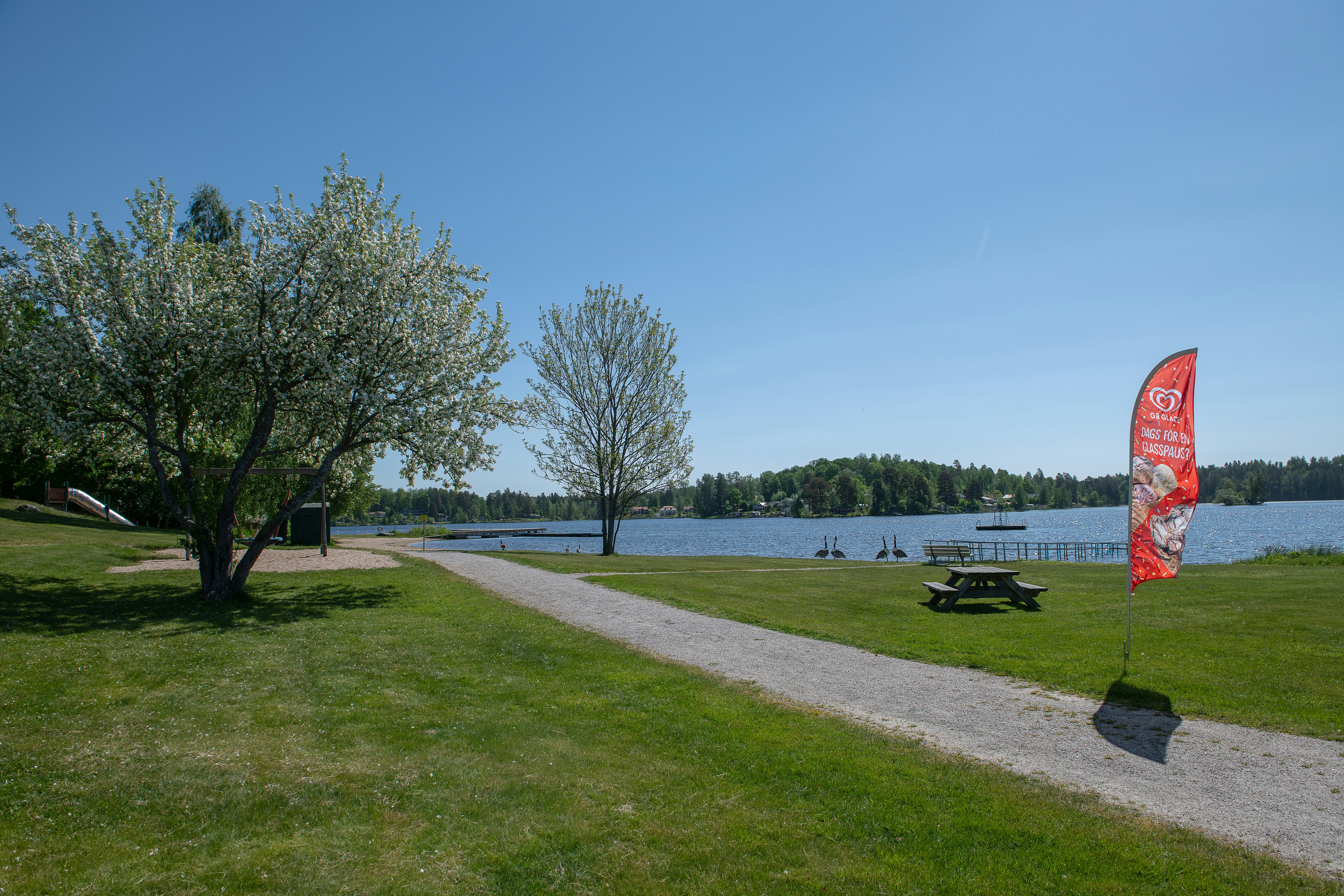 Djulö Camping  Djulöbadets Camping - Blick auf die Wiese und den See