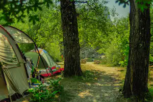 Campingzelt am Flussufer im Wald, daneben ein Schlauchboot und ein kleiner Weg zwischen Bäumen.