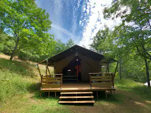 Zelt mit Holzterrasse am Waldrand, umgeben von Bäumen und Rasenfläche, Blick nach oben in den Himmel.