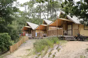 Zeltunterkünfte auf Holzplattform mit Markisen, Holzgeländer und Fahrrädern am Weg im Grünen zwischen Bäumen.