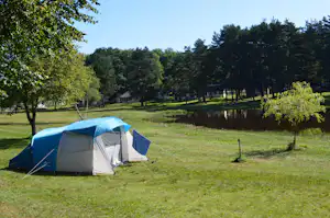 Ein Zelt auf einer grünen Wiese am Campingplatz, im Hintergrund Bäume und ein kleiner See.