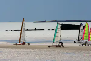 Mehrere Windsurf-Boards mit Segeln stehen am Strand, im Hintergrund Wasser und ein flacher Horizont.