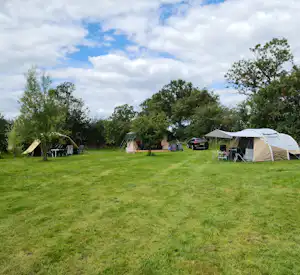 Campingplatz mit Zelten, Sitzgarnitur und Tisch auf grünem Rasen, umgeben von Bäumen und einem schwarzen Auto.