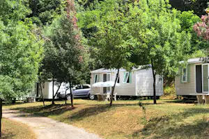 Reihe von Mobilheimen und Wohnwagen auf einem Campingplatz, mit Auto, Bäumen und einem gepflasterten Weg.