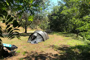 Campingzelt auf einer Wiese im Grünen, umgeben von Bäumen und Schatten, daneben eine Hängematte.