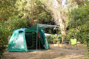 Zelt auf einem Campingplatz im Grünen, mit Vorzelt und Campingstühlen am Weg zwischen Bäumen und Sträuchern.
