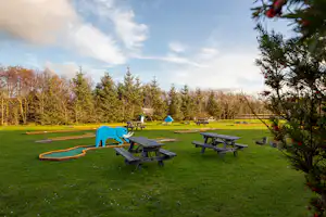 Campingwiese mit Picknicktischen, Spielbereich mit blauem Rutschbogen und Bäumen am Rand.