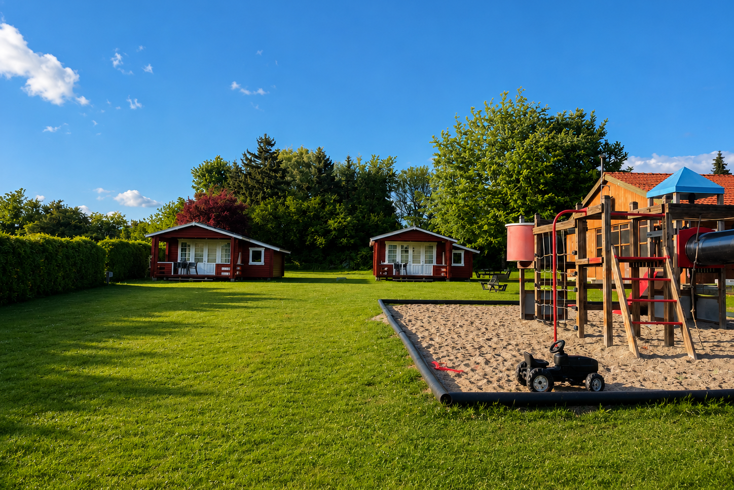 Spielplatz mit Holzgerüst und Sandfläche auf grünem Rasen, im Hintergrund mehrere Ferienhäuser und Bäume.