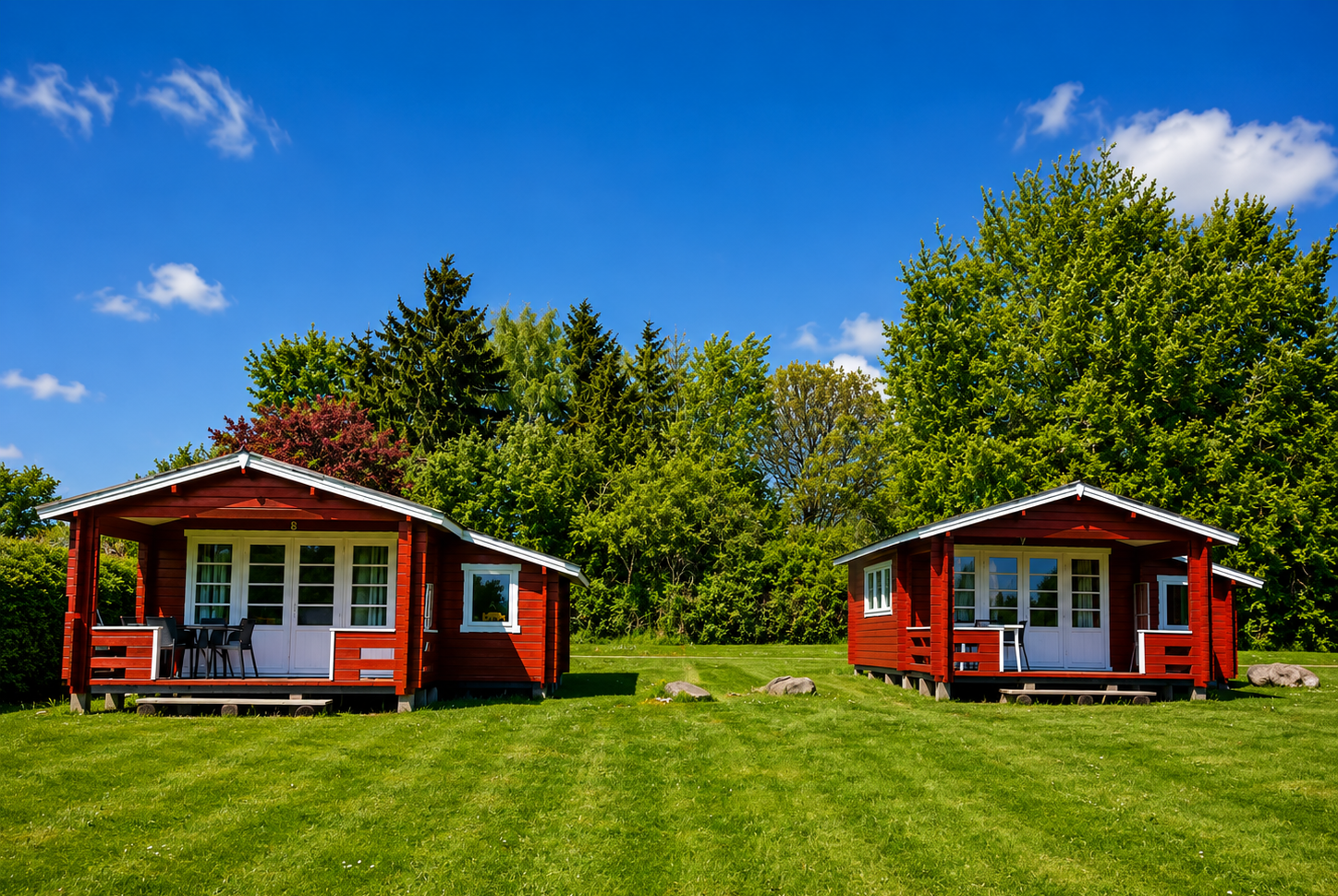 Zwei rote Ferienhütten mit Veranda auf grünem Rasen, umgeben von hohen Bäumen unter blauem Himmel.