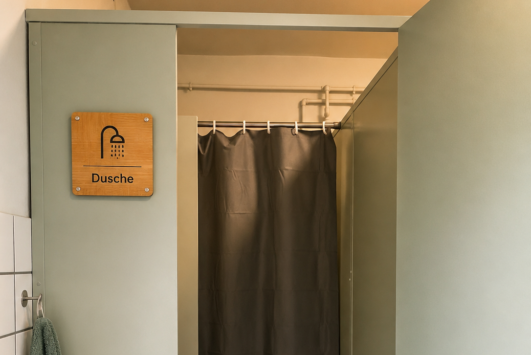Duschraum mit Duschvorhang, Handtuch an der Wand und Fliesenboden, daneben eine Tür und Sanitärarmaturen.