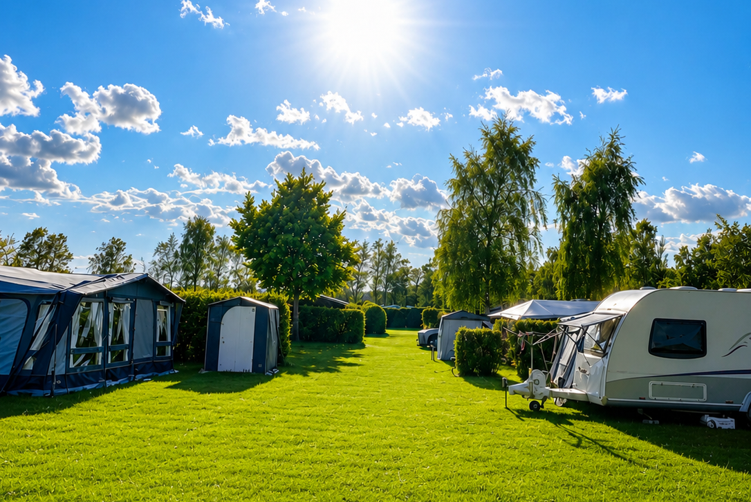 Campingwiese mit Zelten und Wohnwagen, grünes Gras, Hecken und Bäume am Rand unter strahlendem Sonnenschein.