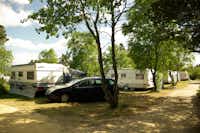 Familie Camping Nymindegab  -  Wohnwagen auf dem Wohnwagen- und Zeltstellplatz vom Campingplatz zwischen Bäumen