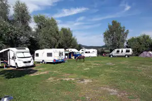 Wohnmobile und Campingbusse auf einem grünen Grasplatz, Zelte im Hintergrund, Bäume und Hügel unter blauem Himmel.