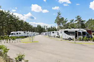 Wohnmobilstellplätze auf einem Campingplatz, mehrere weiße Fahrzeuge entlang der Straße, Hecken und Bäume am Rand.