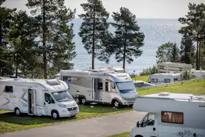 Wohnmobile auf einem Campingplatz zwischen Kiefern, mit Blick auf das Meer und einen gepflasterten Weg.