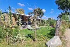 Mobilheim mit Holzveranda und zwei Liegestühlen im grünen Garten, umgeben von hohen Gräsern und Bäumen.