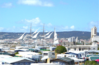 Foz do Mondego  Parque de Campismo Foz do Mondego - Blick auf den Stellpaltz mit Segelschiff im Hintergrund